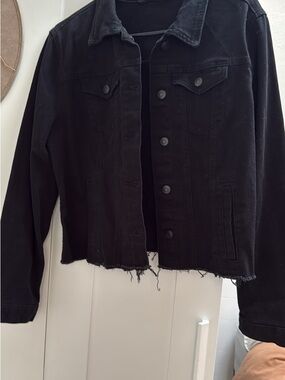 Black Distressed Denim Jacket with Louis Vuitton Embroidery